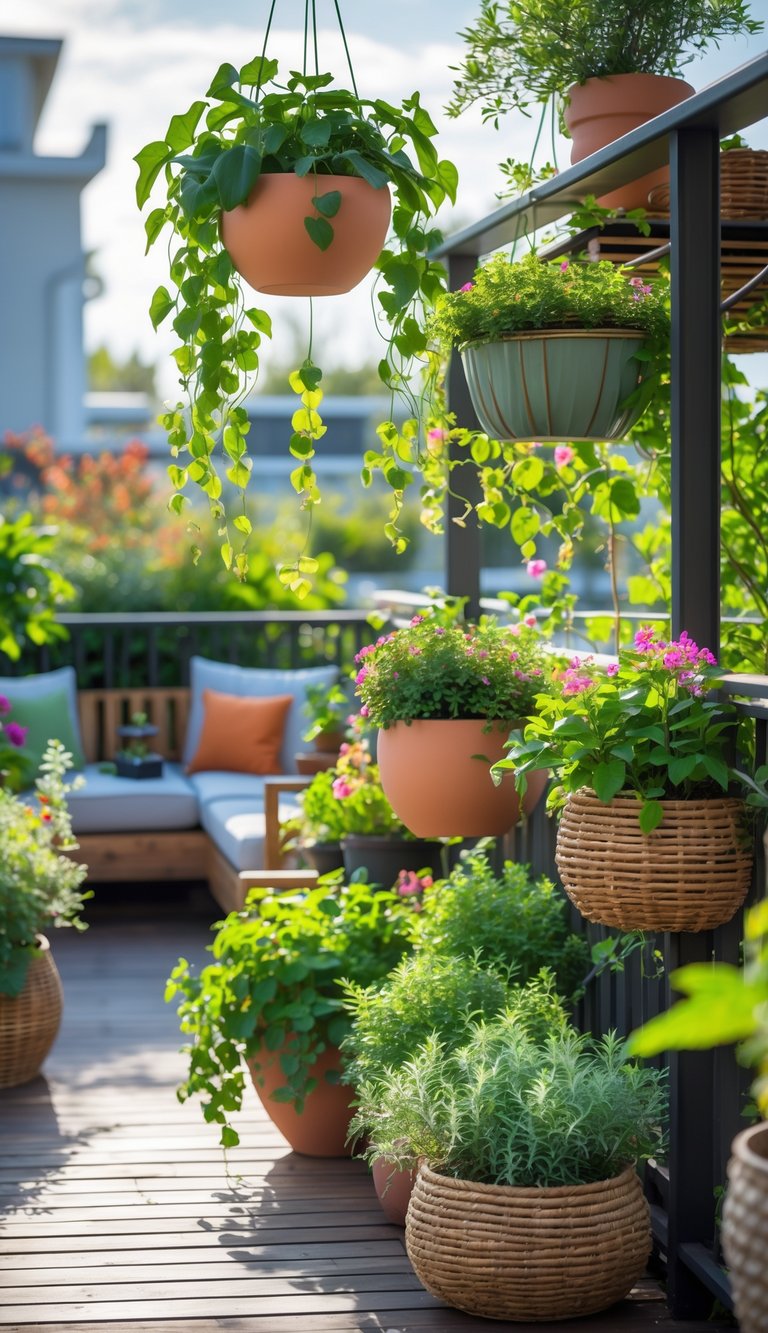 A terrace garden with various hanging planters filled with green and flowering plants, surrounded by a wooden deck and outdoor furniture.